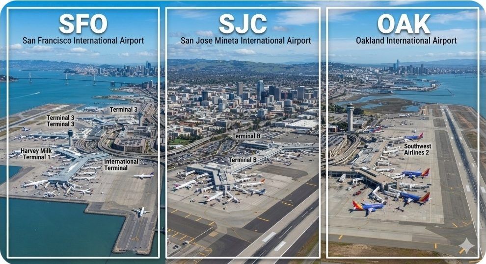 SFO San Francisco International Airport, SJC San Jose Mineta International Airport, and OAK Oakland International Airport aerial views
